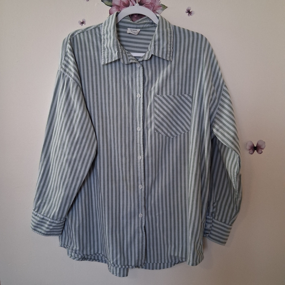 Cotton On| Striped Green XS Top Long Sleeve Oversized Coastal Beachy